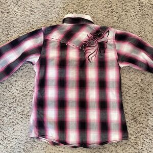 Cowgirl Hardware Girls M 7/8 Western Snap Shirt Pink Plaid Horse Rhinestone